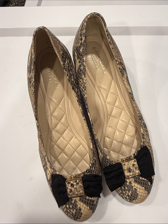 Cole Haan Shoes - Cole Haan Beige and Black Snakeskin-Print Wedge Ballet Flats with Bow